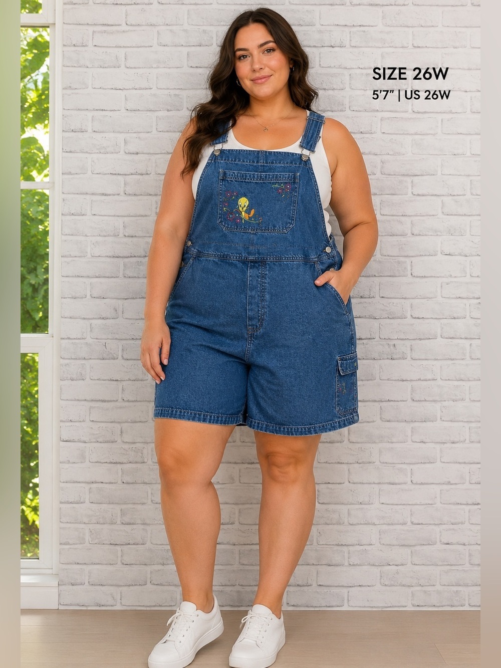 Vintage Looney Tunes Tweety Denim Cargo Bib Overall Shorts Plus Size 26W/28W